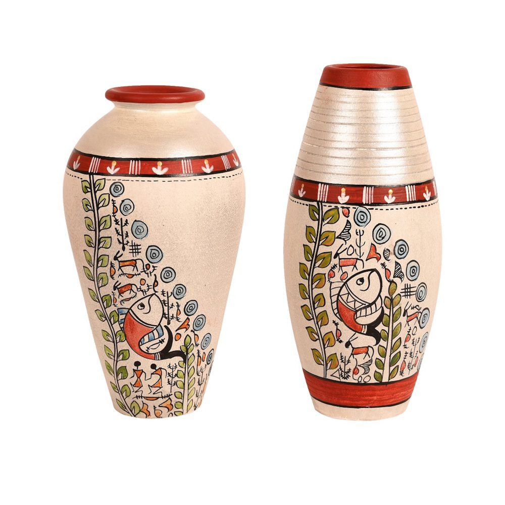 Moorni Vase Earthen White Madhubani (Set of 2) (6x3.4/6.4x3)