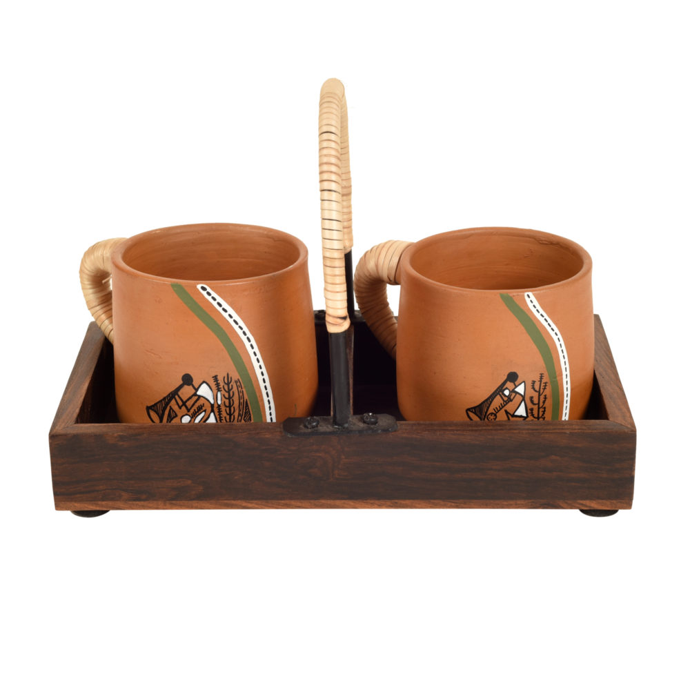 Moorni Happy Morning Earthen Cups with Cane Embellished Tray