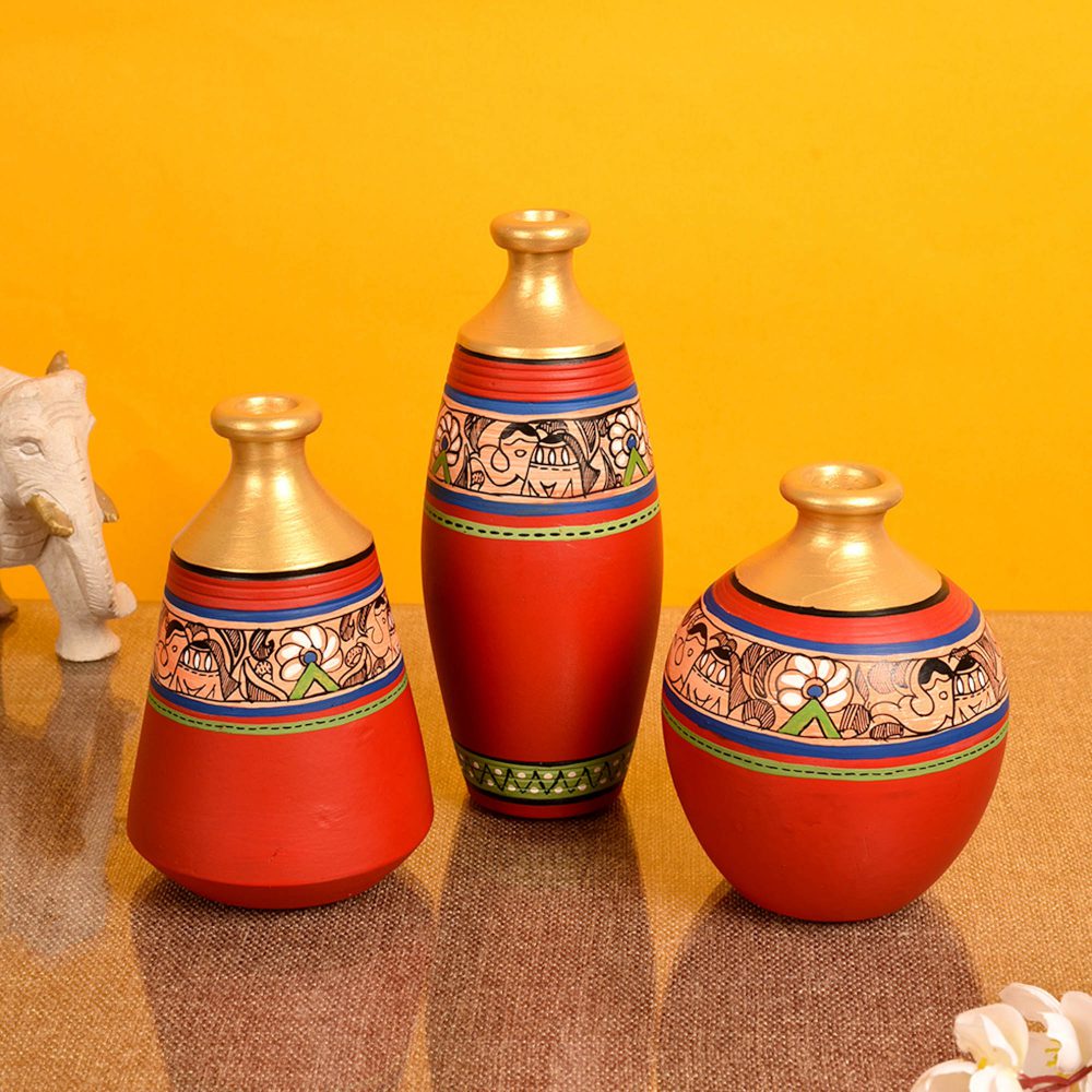 Moorni Vase Earthen Red Madhubani (Set of 3) 6/5/5