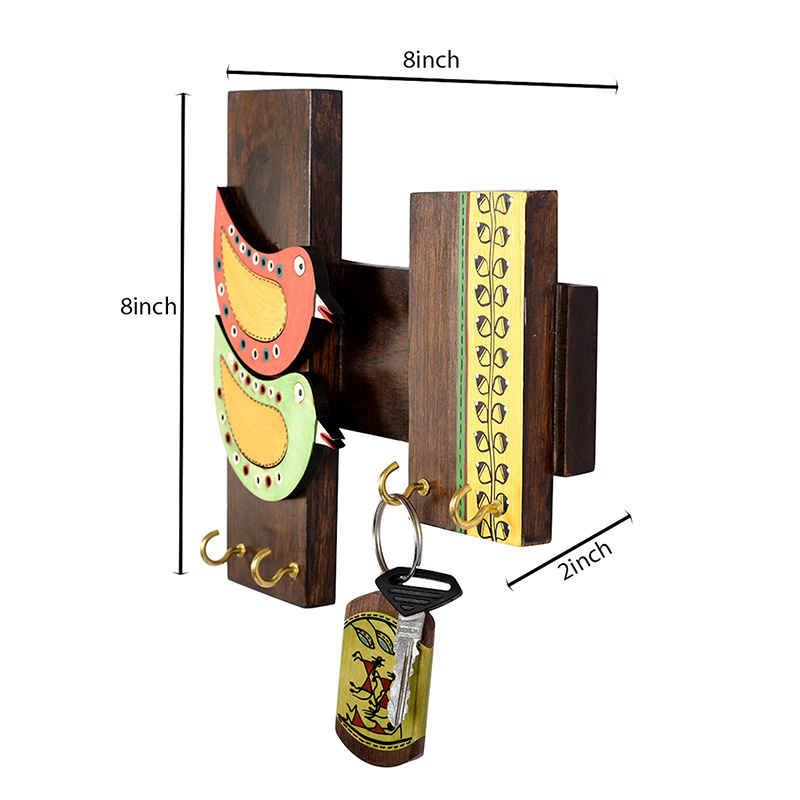 Moorni Key Holder Handcrafted Tribal Art Bird Theme 4 keys - (8x2x8 in)
