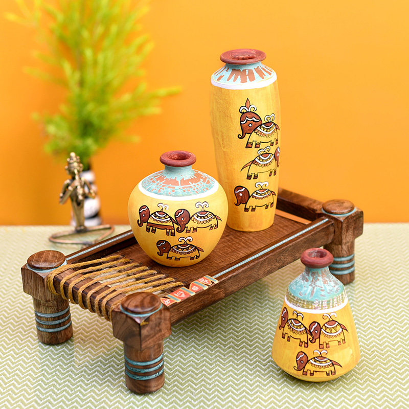 Moorni Happy Elephant Yellow Vases (Set of 3) placed on Ethnic Charpai Stand - (12.5x7x10 in)