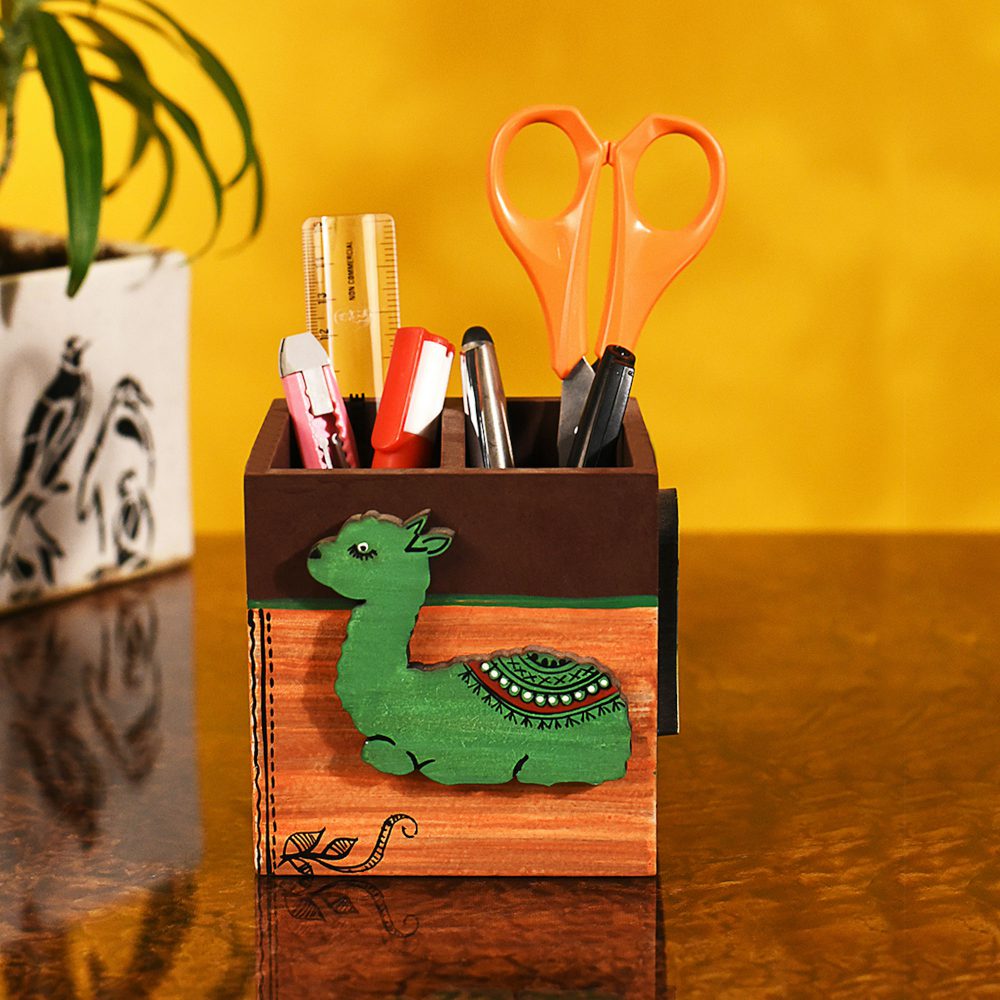 Moorni Pen Holder Handcrafted Tribal Art Wooden Alpaca Motif (4.2x3.6x4)
