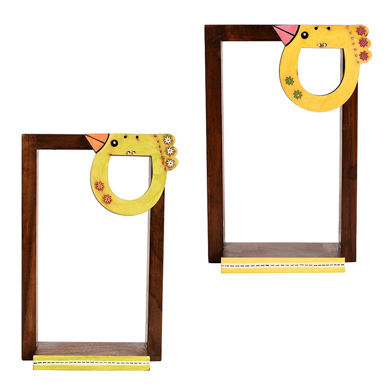 Moorni Wall Decor Handcrafted Wooden Bird Motif Shelves Set of 2 - (5.5x2.5x8.5 in)