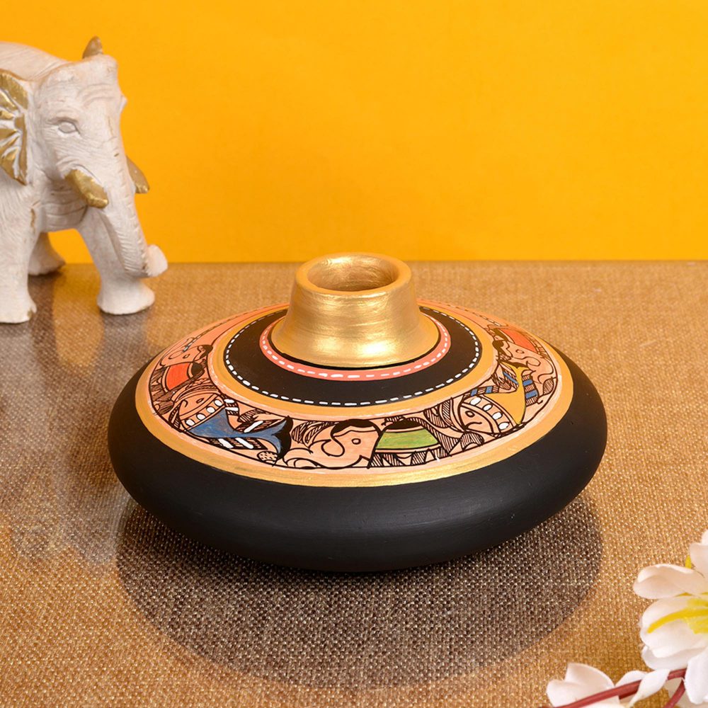 Moorni Vase Earthen Handcrafted Black Madhubani 3.5x6.5(HxD)
