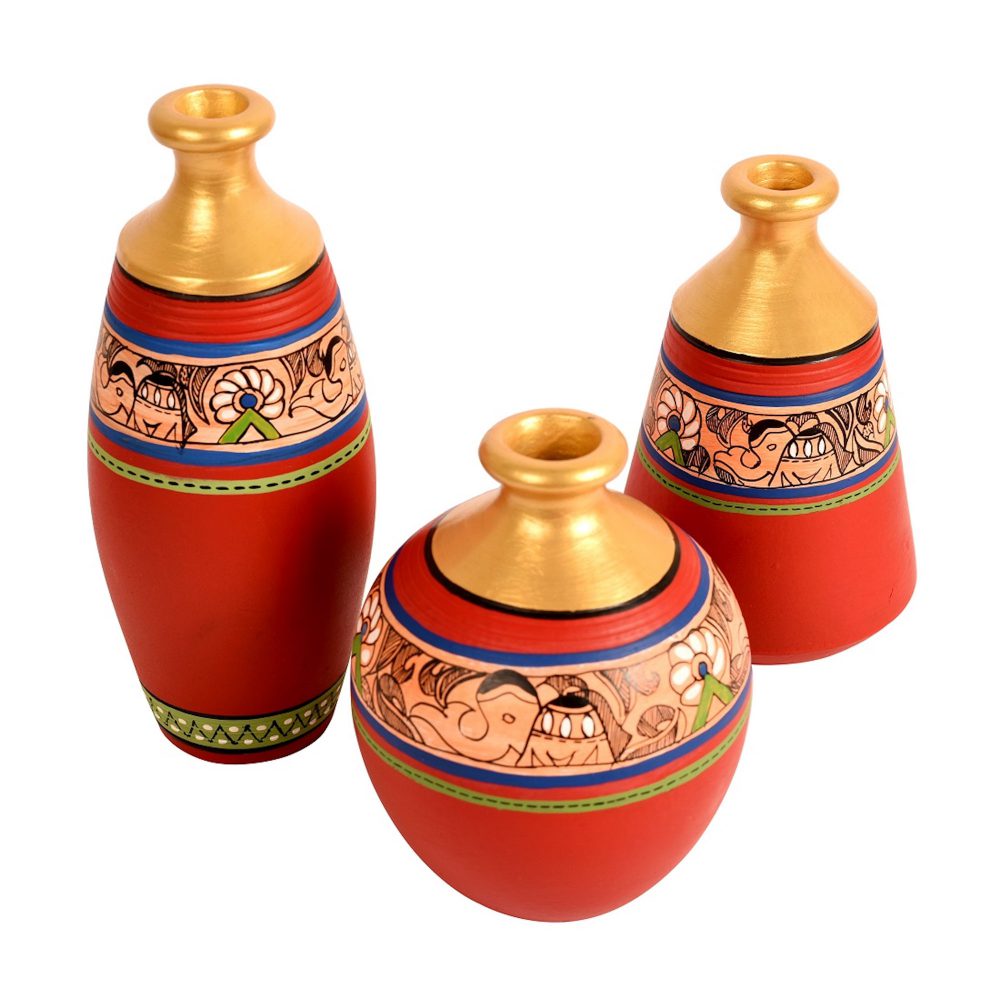 Moorni Vase Earthen Red Madhubani (Set of 3) 6/5/5