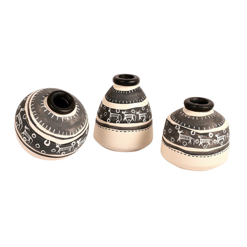 Moorni Vase Earthen Miniatures White Warli (Set of 3) (2.6/2.2/2.4)