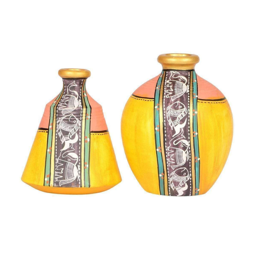 Moorni Vase Earthen Yellow Madhubani (Set of 2) (4x3.5/5x3.6)