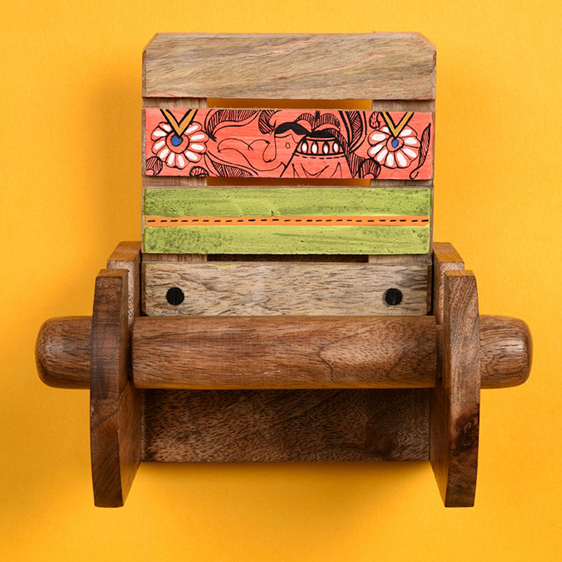 Moorni Towel Holder Handcrafted Wooden Tribal Art - (5x4x6.5 in)