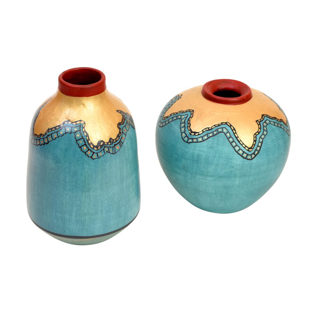 Moorni Turquoise Blue Golden Glaze Vase Set of 2 (6x5/6.5x4 Dia)