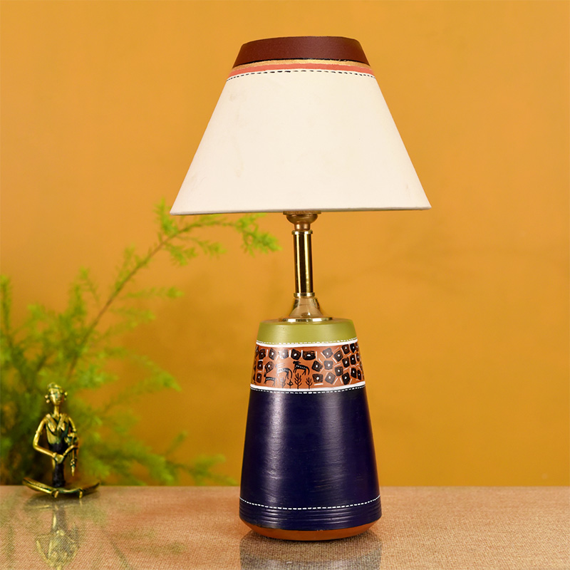 Moorni Handpainted Midnight Blue Earthen Lamp with White Shade