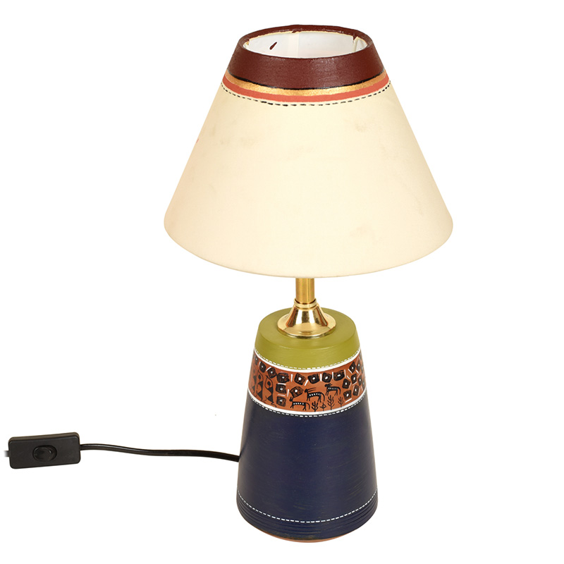 Moorni Handpainted Midnight Blue Earthen Lamp with White Shade