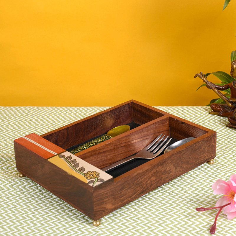 Moorni Cutlery Holder Handcrafted in Wood with Flower Motif - (9x7x2.2 in)