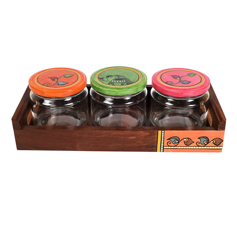 Moorni Tray in wood & 3 Glass Jars Madhubani Lid (Set of 4) (11.5x5.5)