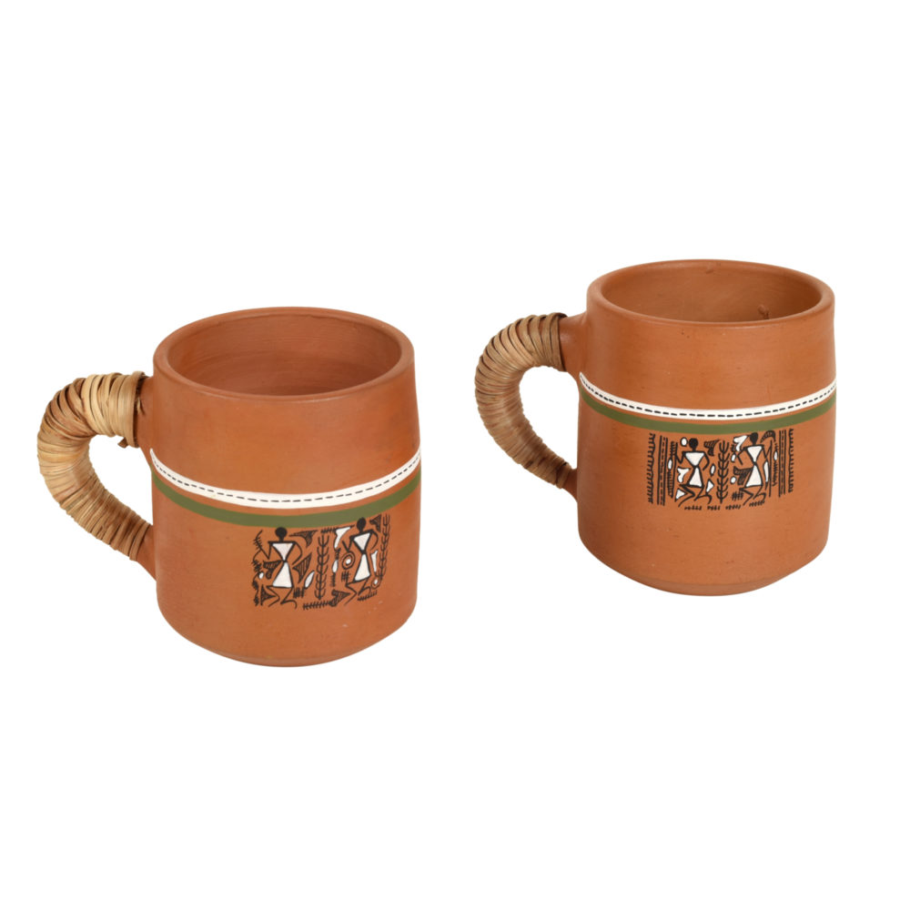 Moorni Knosh-2 Earthen Cups with Caned Handle (Set of 2) (4.5x3x3.6)