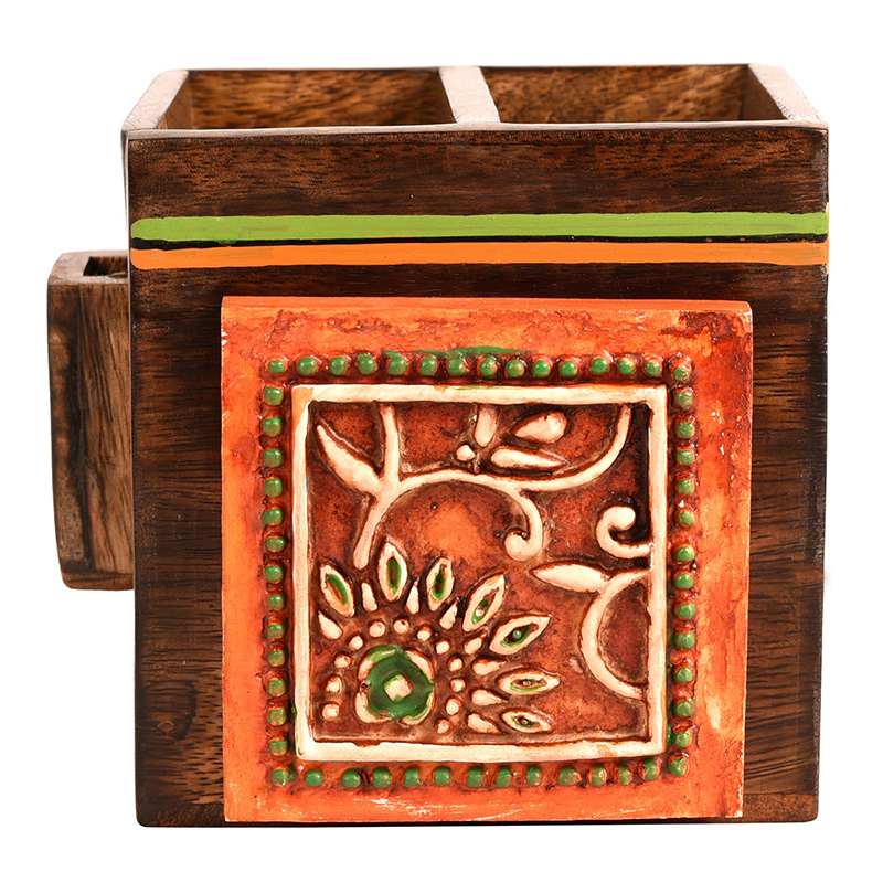 Moorni Cutlery Holder Handcrafted in Wood with Tribal Art - (4.5x4x4 in)
