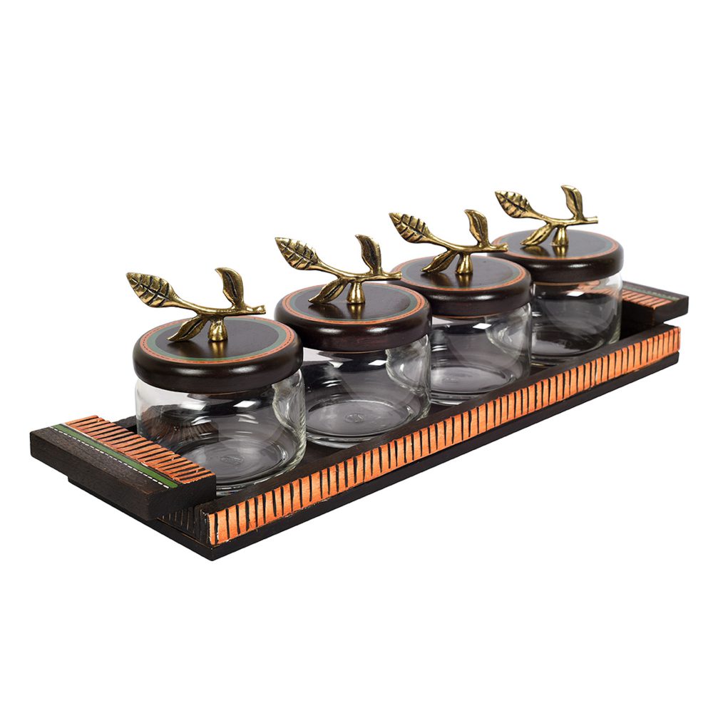 Moorni Tray Wooden & 4 Glass Jaar with Leaf Handle (Set of 5) (17.5x5x6)