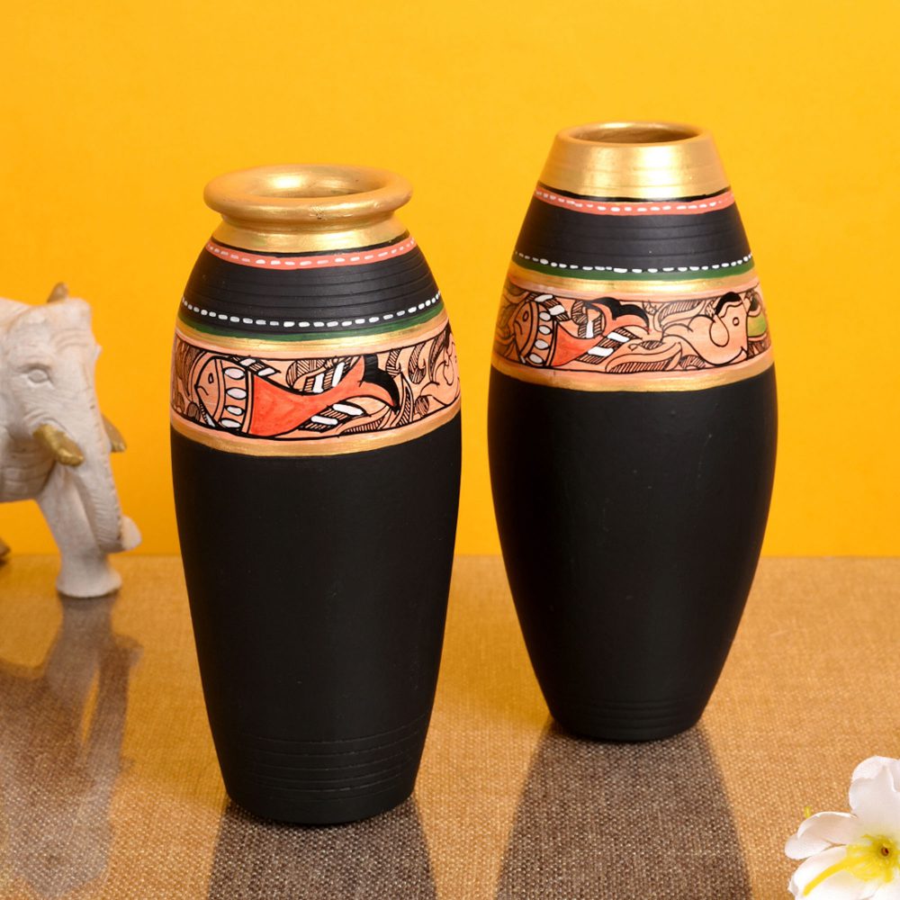 Moorni Vase Earthen Black Madhubani (Set of 2) (6.4x3/6x3)