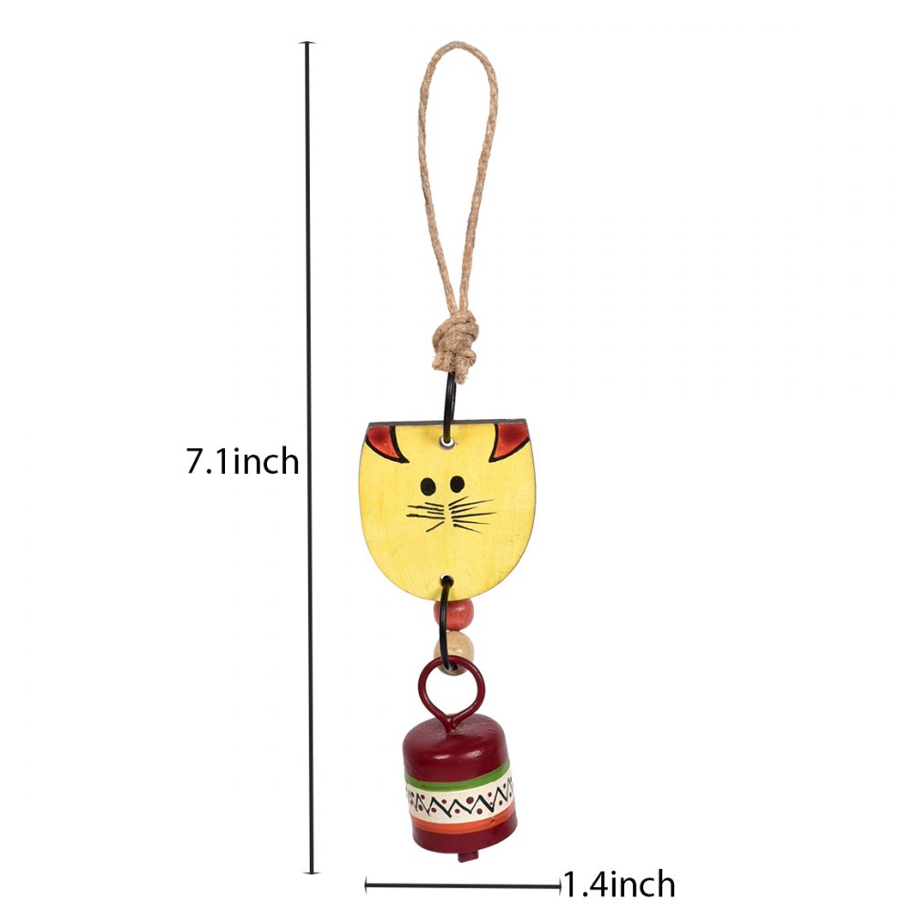 Moorni Art Creations Handpainted Yellow Wild Cat Wind Chimes with Metal Bell for Outdoor Hanging and Home Decoration