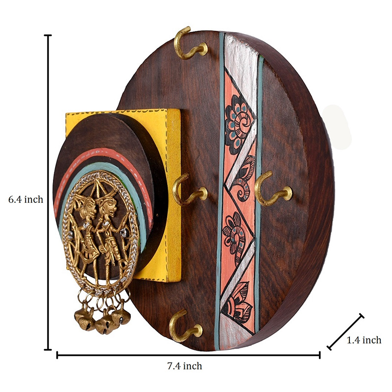 Moorni Key Holder Handcrafted Madhubani Dhokra 4 keys - (7.5x1.5x6.5 in)