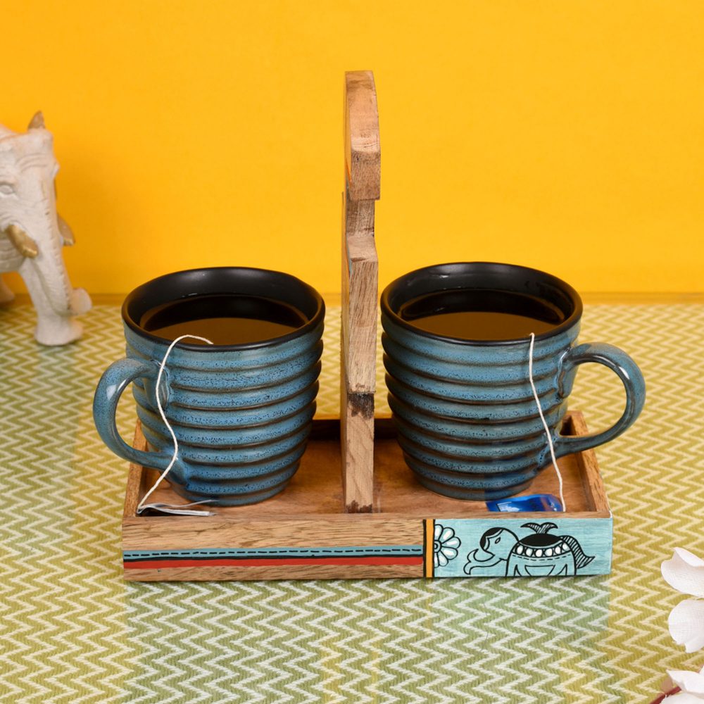 Moorni Cup Holder Handcrafted & 2 Mugs (Set of 3) (7x3.3x7)