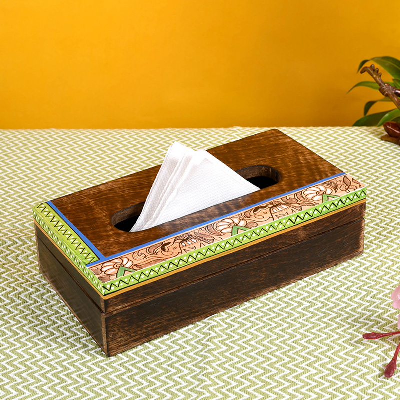 Moorni Tissue Box Handcrafted in Wood with Madhubani Painting - (9x5x2.5 in)