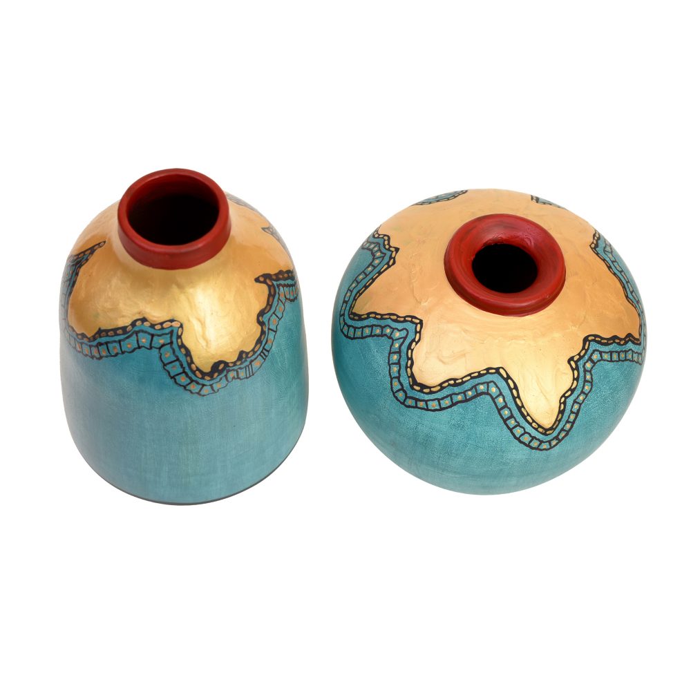 Moorni Turquoise Blue Golden Glaze Vase Set of 2 (6x5/6.5x4 Dia)