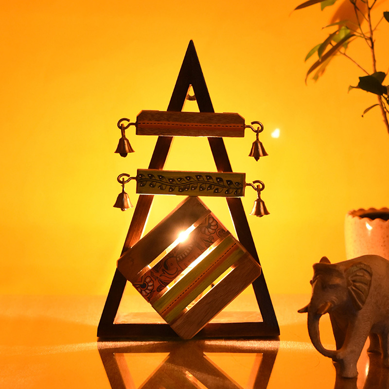 Moorni Wall Lamp Handcrafted in Wood Tribal Art Triangular - (7x3.5x12.5 in)