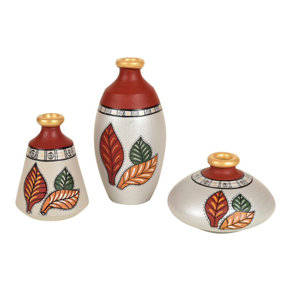 Moorni Silver Bloom Earthen Vases Handpainted in Tribal Art