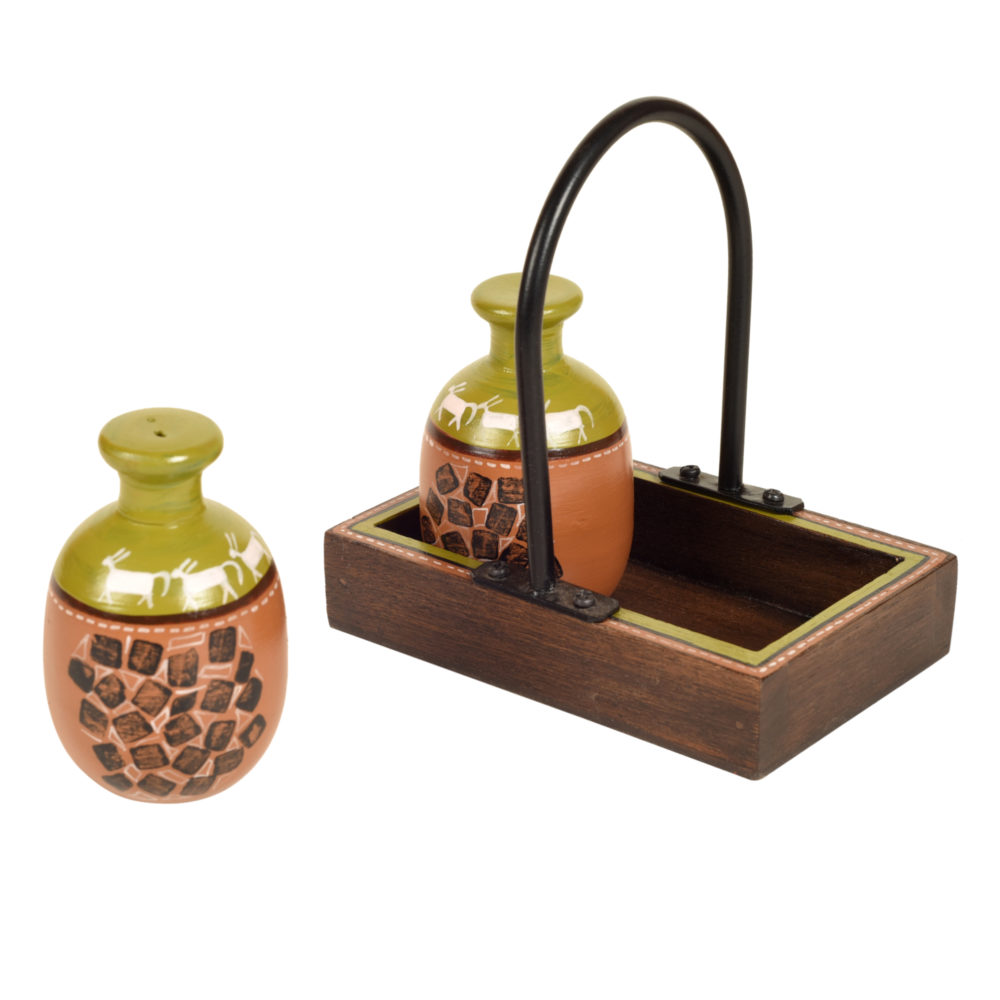 Moorni Asmi Earthen Salt n Pepper Shaker in Wood Tray