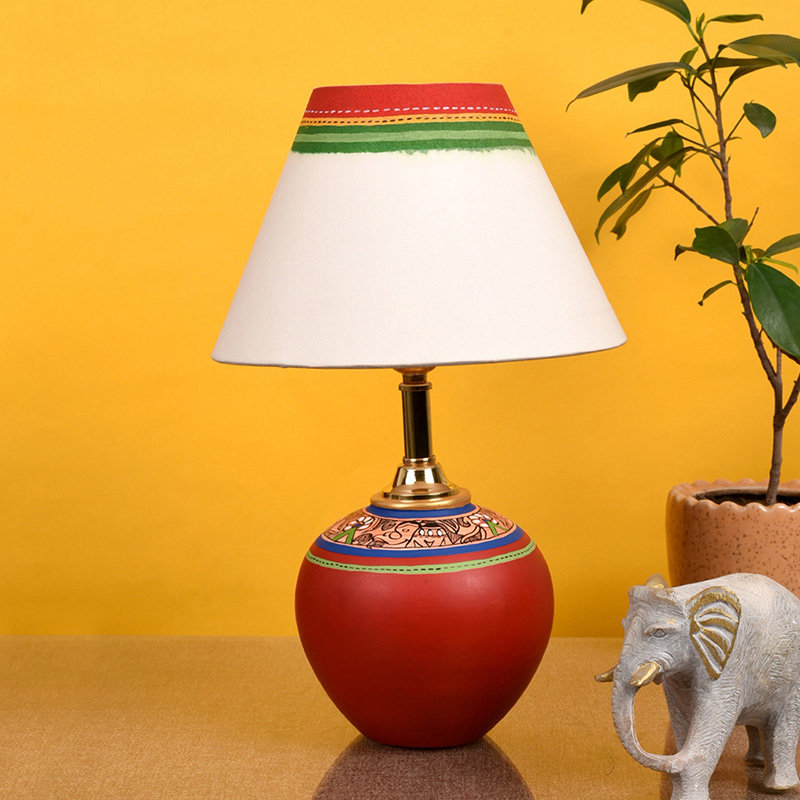 Moorni Table Lamp Red Earthen Handcrafted with White Shade - (9.5x7 in)