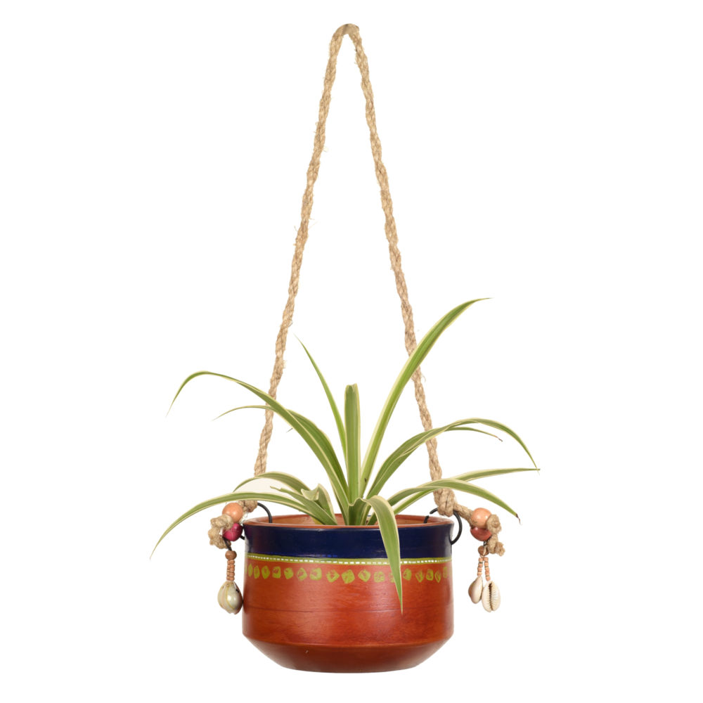 Moorni Blue-Brown Earthen Planter with Jute Hanger ( Pot-5x5x3.5) H-14x