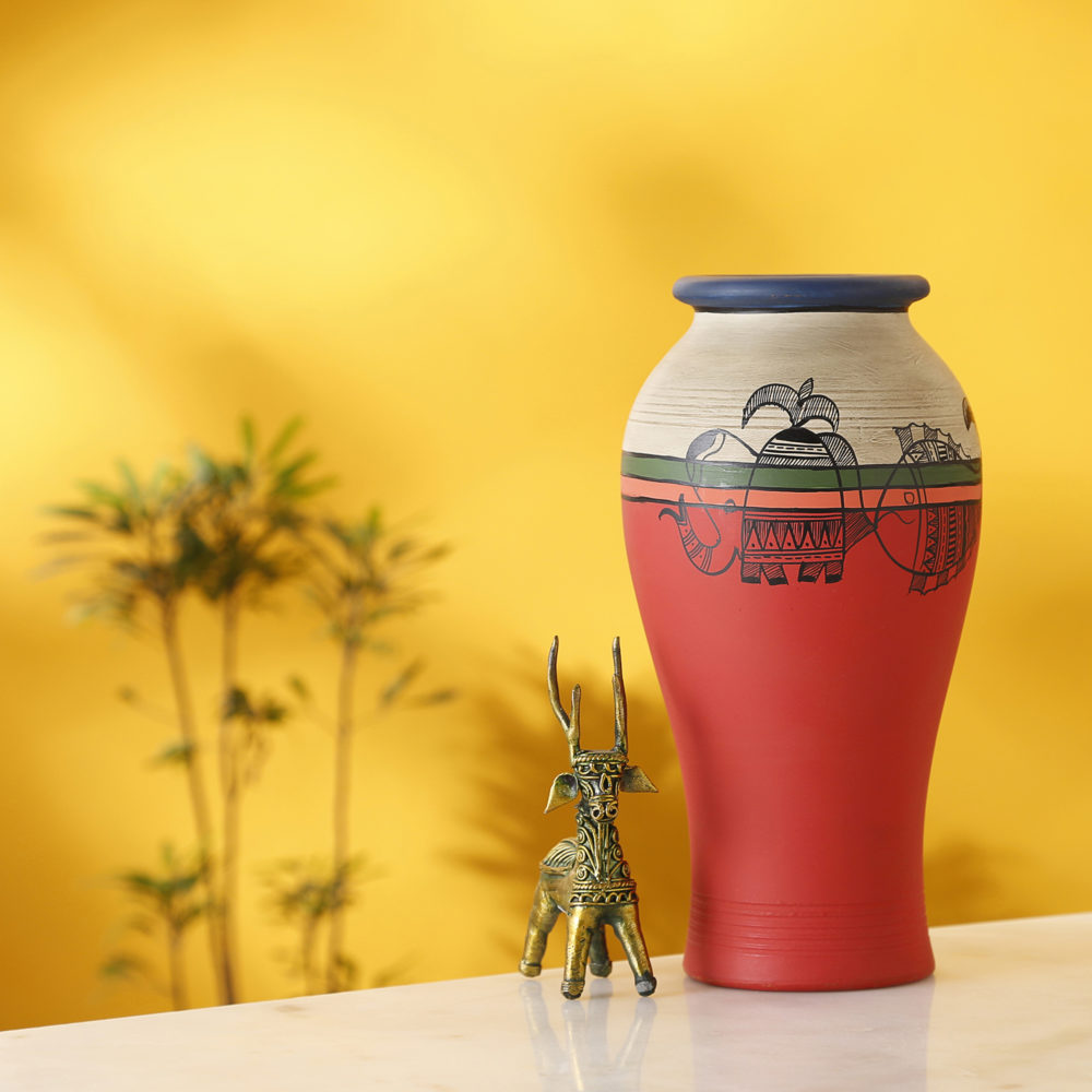 Moorni Carrot Red Earthen Vase with Madhubani Tattoo Art