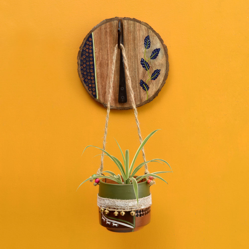 Moorni Jute Embellished Brown Earthen Planter on a Round Wall Hook