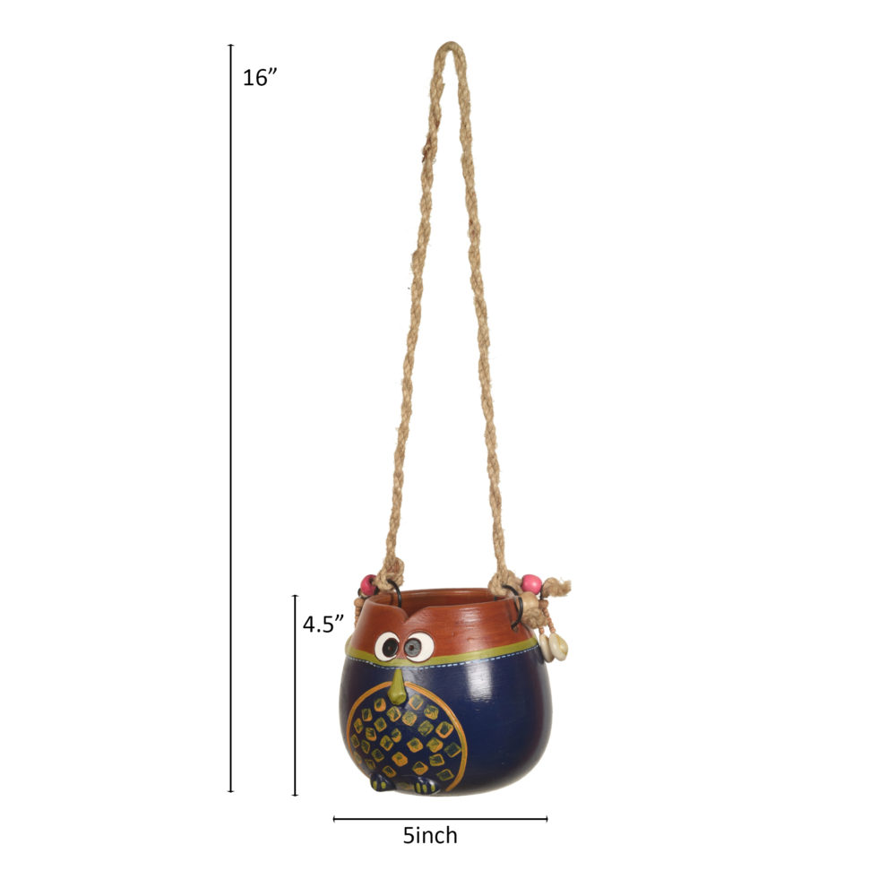 Moorni Blue-Brown Earthen Planter Pot with Jute Hanger