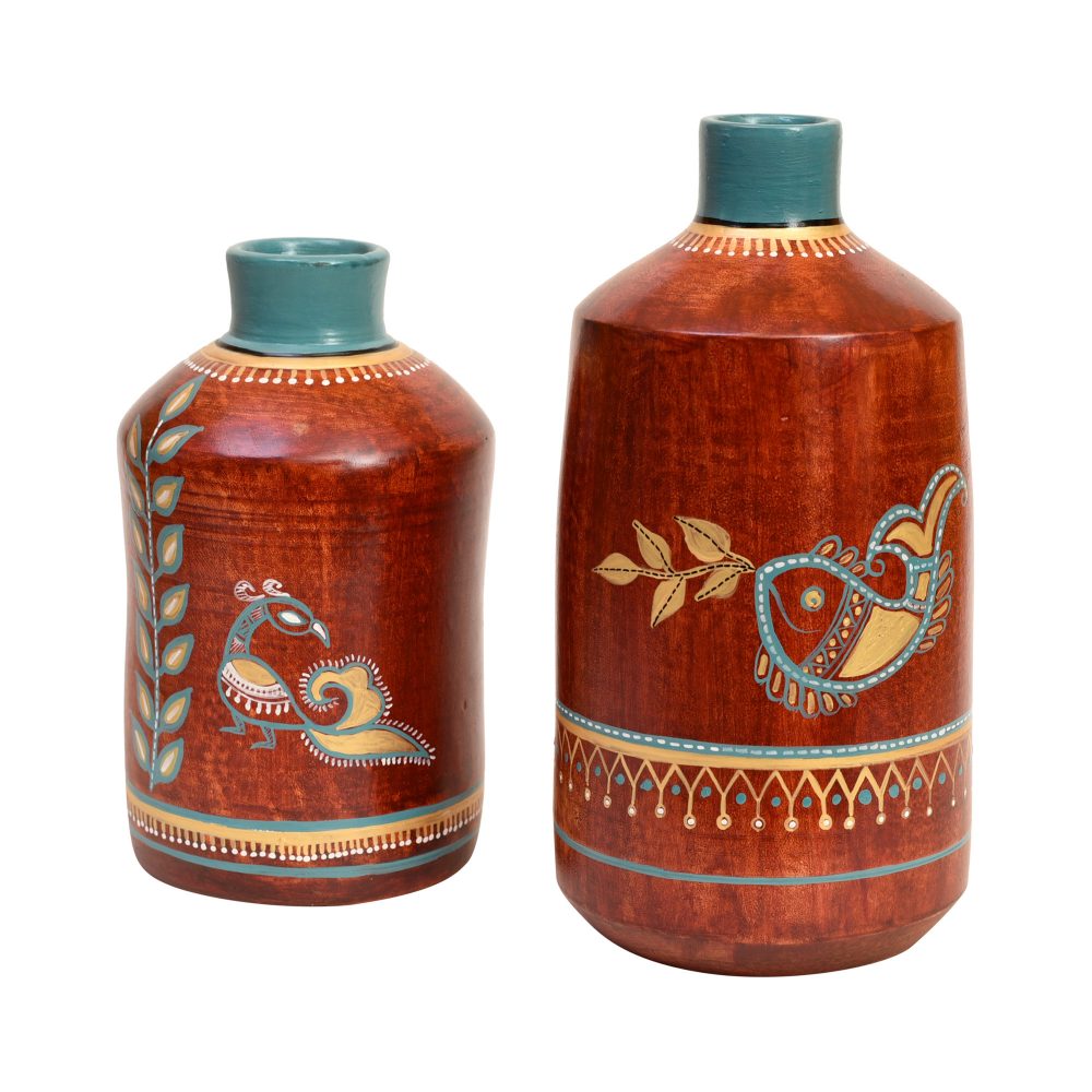 Moorni Rustic Red Madhubani Vase Set of 2 (10x5/7.5x4.5 Dia)