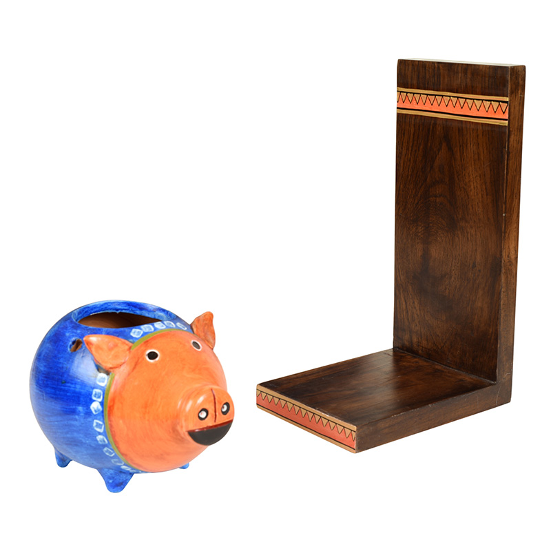Moorni Piggy Wall Decor Shelf with Earthen Planter - (5x7x11 in)