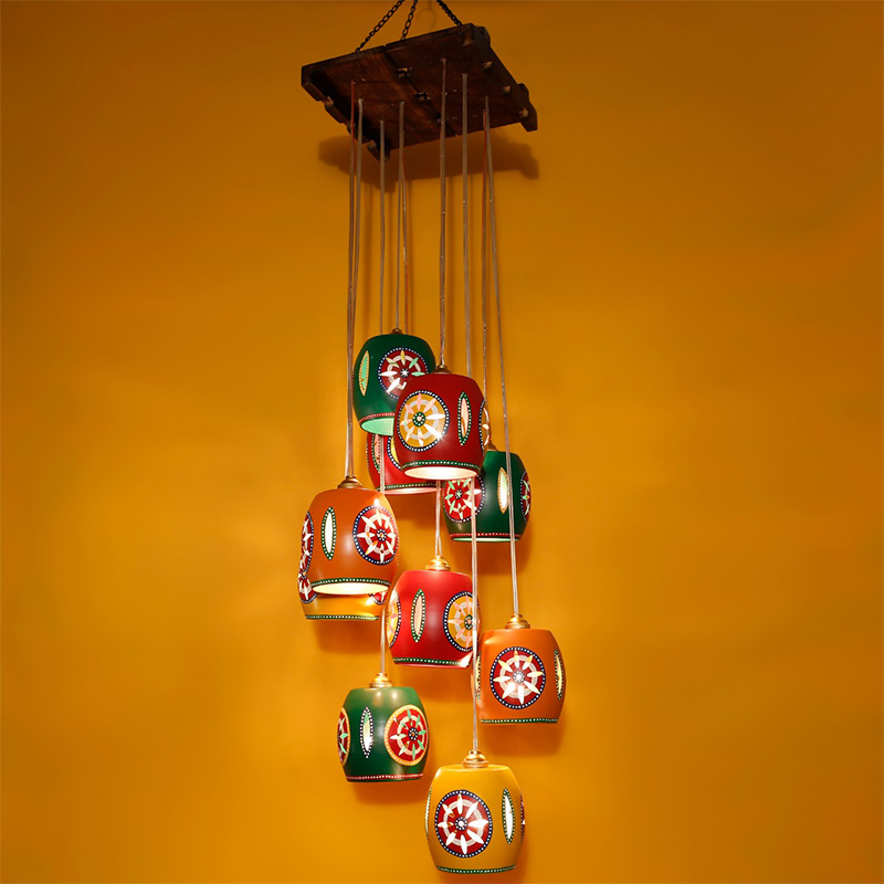 Moorni Cona-10 Chandelier With Barrel Shaped Metal Hanging Lamps (10 Shades)