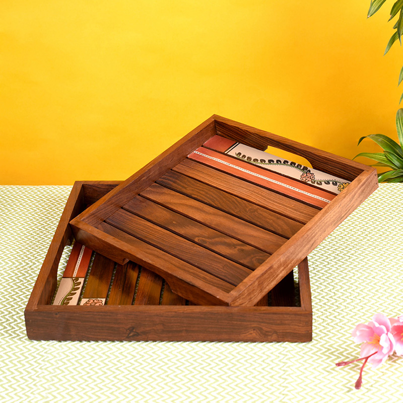 Moorni Trays with Tribal Art Handcrafted in RoseWood - Set of 2 (12x12/10.6x10.6 in)