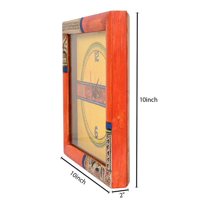 Moorni Wall Clock Handcrafted with Madhubani Art Orange Frame with Glass - (10x2x10 in)