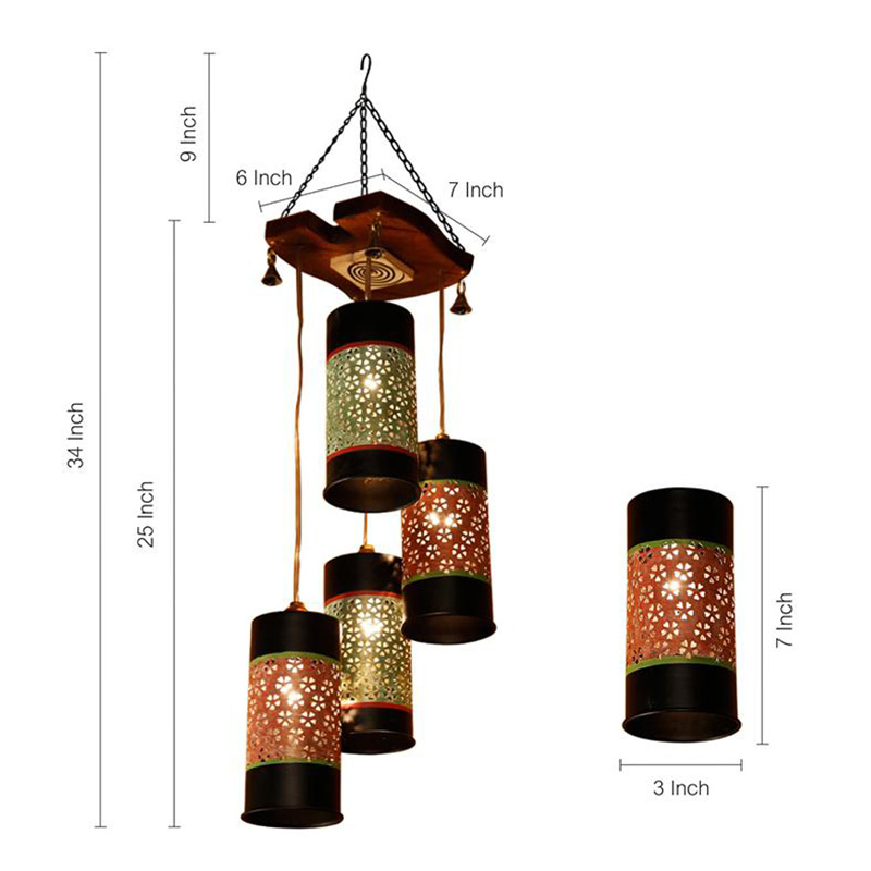 Moorni Celo-4 Chandelier With Cylindrical Metal Hanging Lamps (4 Shades)