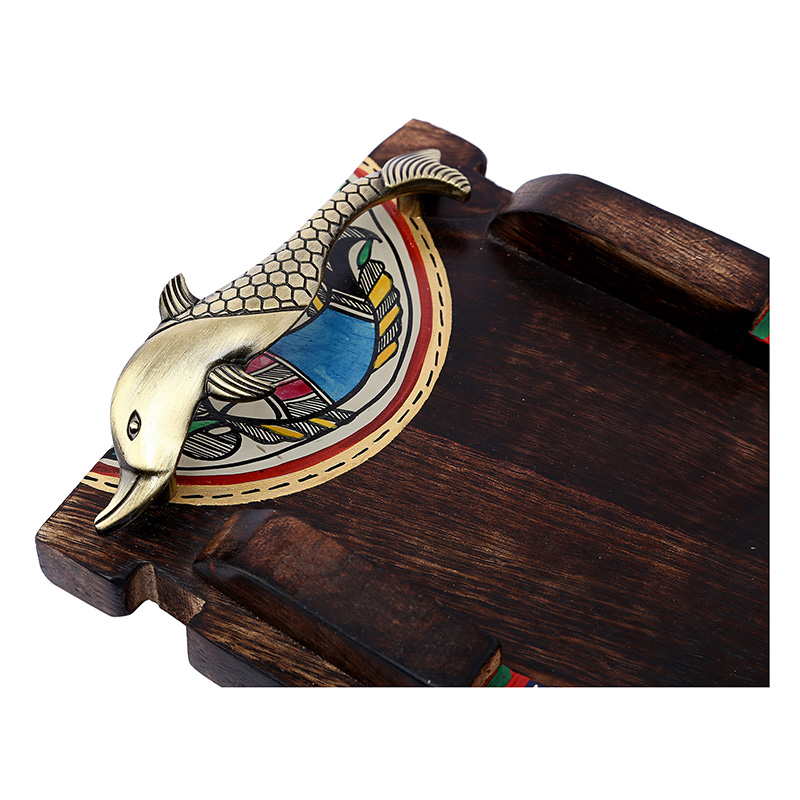 Moorni Tray Handcrafted with Warli design & Fish Handles - (15x6 in)